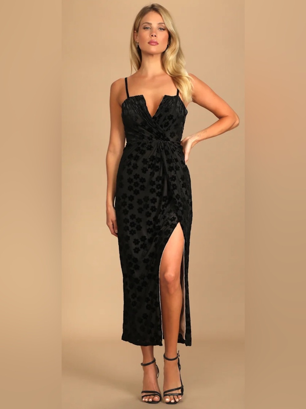 Lulu's Black Floral Velvet Maxi Dress with Thigh Slit